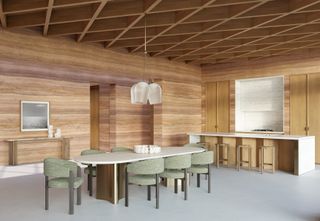 Dining space in timber clad interior of The Hinterland House