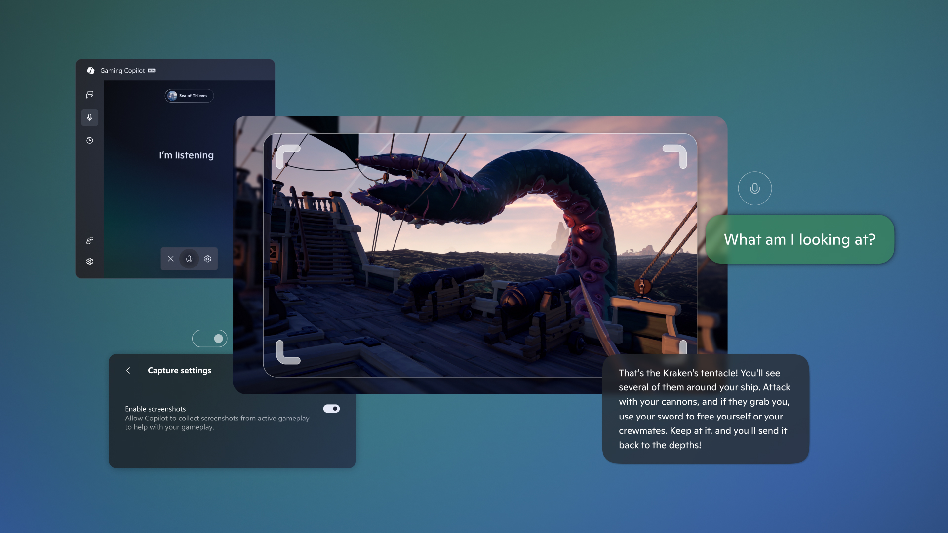 A stylized image for the promotion of Microsoft's Gaming Copilot AI feature.
