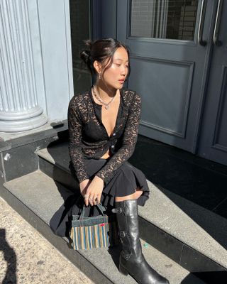 Influencer wears a lace blouse