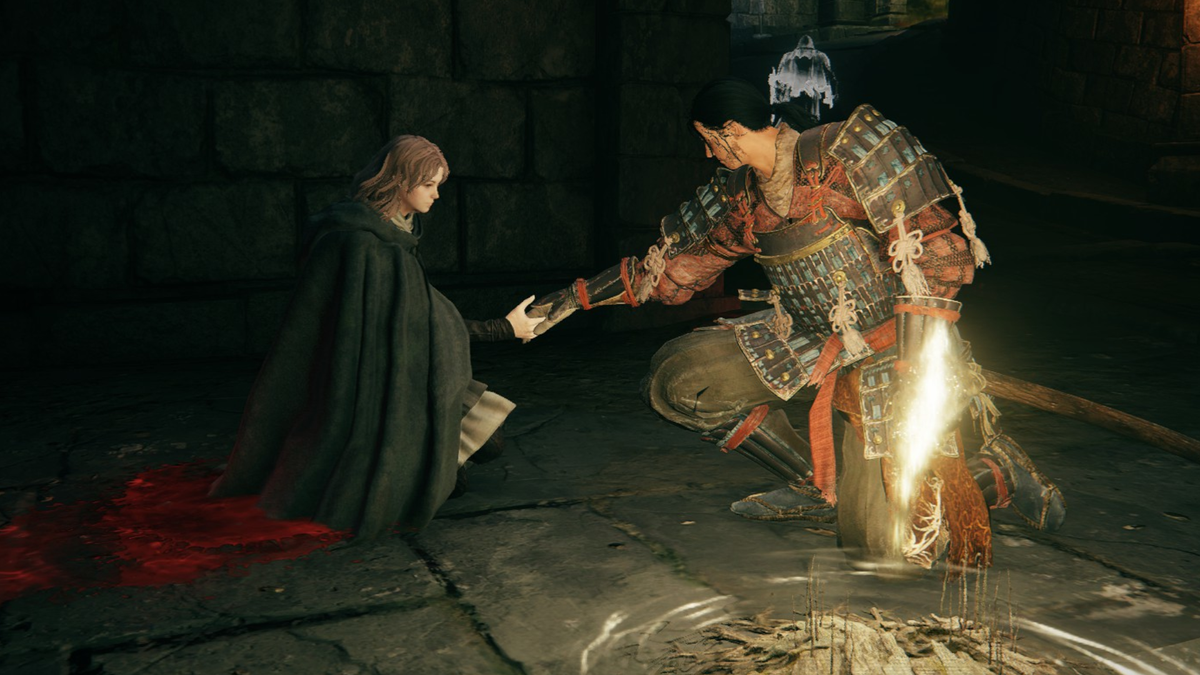 John Sekiro, my new character in Elden Ring, shakes hands with Melina by grace-light.