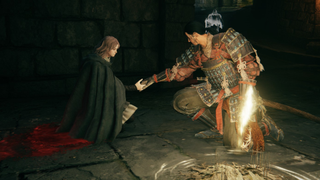 John Sekiro, my new character in Elden Ring, shakes hands with Melina by grace-light.