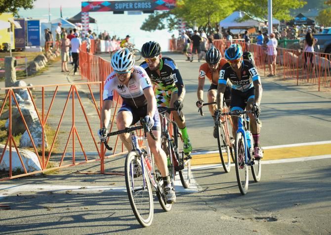 Stephen Hyde (JAM Fund) with Lukas Winterberg, Ben Berden, and Dan Timmerman riding for second place with one lap to go.