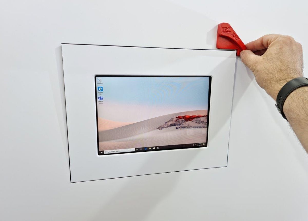 WALL-SMART&#039;s Innovative locking wall mount protects Microsoft’s multi-functional touchscreen from theft and tampering.