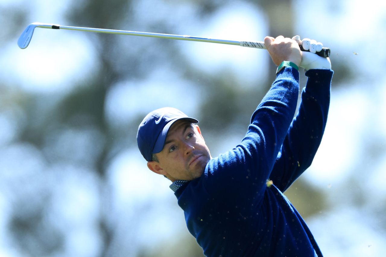 Rory McIlroy tees off on the 4th hole during the first round of the 2026 Masters Tournament at Augusta National Golf Club