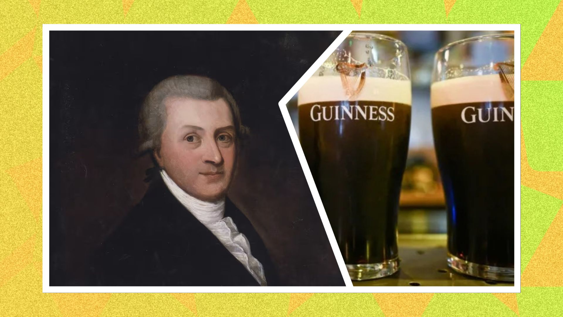 Arthur Guinness sliced together with a photo of three pints 