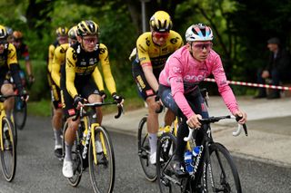 LAGO LACENOBAGNOLI IRPINO ITALY MAY 09 Remco Evenepoel of Belgium and Team Soudal Quick Step Pink Leader Jersey competes during the 106th Giro dItalia 2023 Stage 4 a 175km stage from Venosa to Lago Laceno 1059m Bagnoli Irpino UCIWT on May 09 2023 in Lago Laceno 1059m Bagnoli Irpino Italy Photo by Tim de WaeleGetty Images