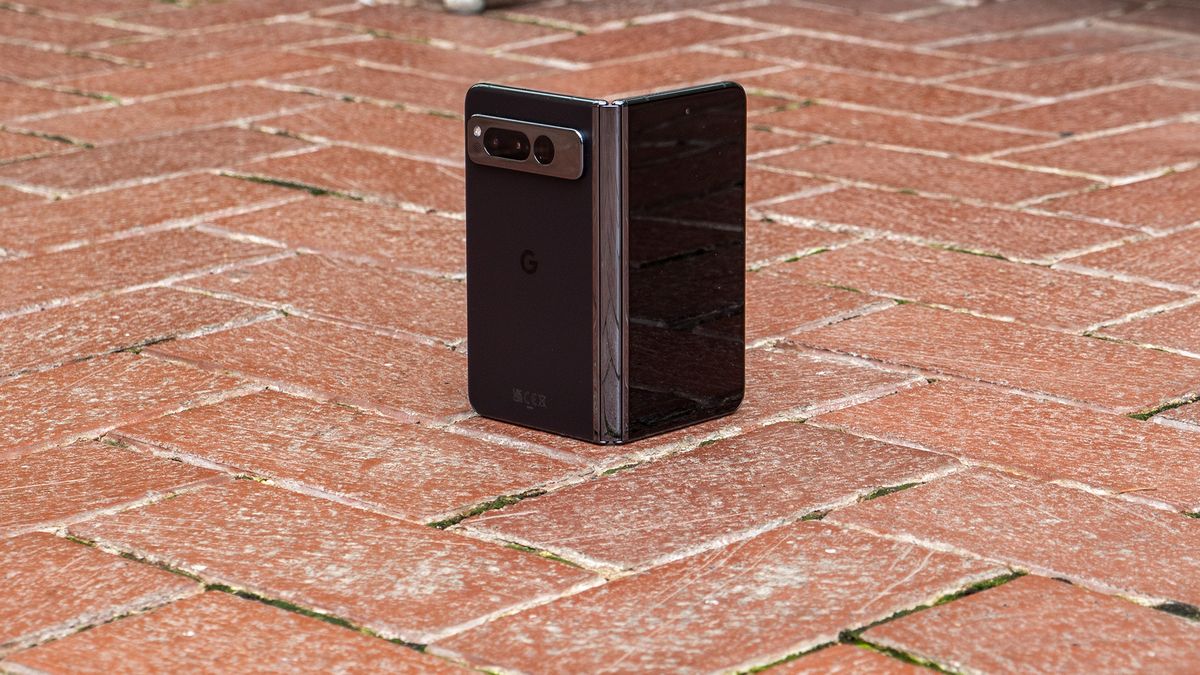 The Obsidian Google Pixel Fold standing up while partially folded