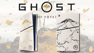 Two Ghost of Yotei PS5 consoles on top of Ghost of Yotei artwork