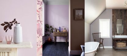 Three examples of what color is mauve? Close up of mauve painted wall with patterned floral wallpaper. Mauve painted wall in corner of open-plan space. Mauve painted wall in bathroom.