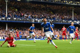 Conor Coady of Everton celebrates after scoring a goal which was later disallowed for offside by VAR during the Premier League match between Everton FC and Liverpool FC at Goodison Park on September 03, 2022 in Liverpool, England.
