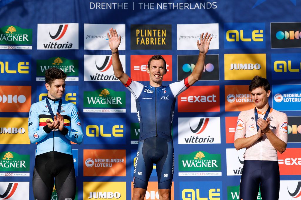 COL DU VAM NETHERLANDS SEPTEMBER 24 Silver medalist Wout Van Aert of Belgium gold medalist Christophe Laporte of France and bronze medalist Olav Kooij of Netherlands pose on the podium during the medal ceremony after the 29th UEC Road Cycling European Championships 2023 Elite Mens Road Race a 1998km one day race from Assen to Col du VAM UCIWT on September 24 2023 in Col du VAM Netherlands Photo by Bas CzerwinskiGetty Images