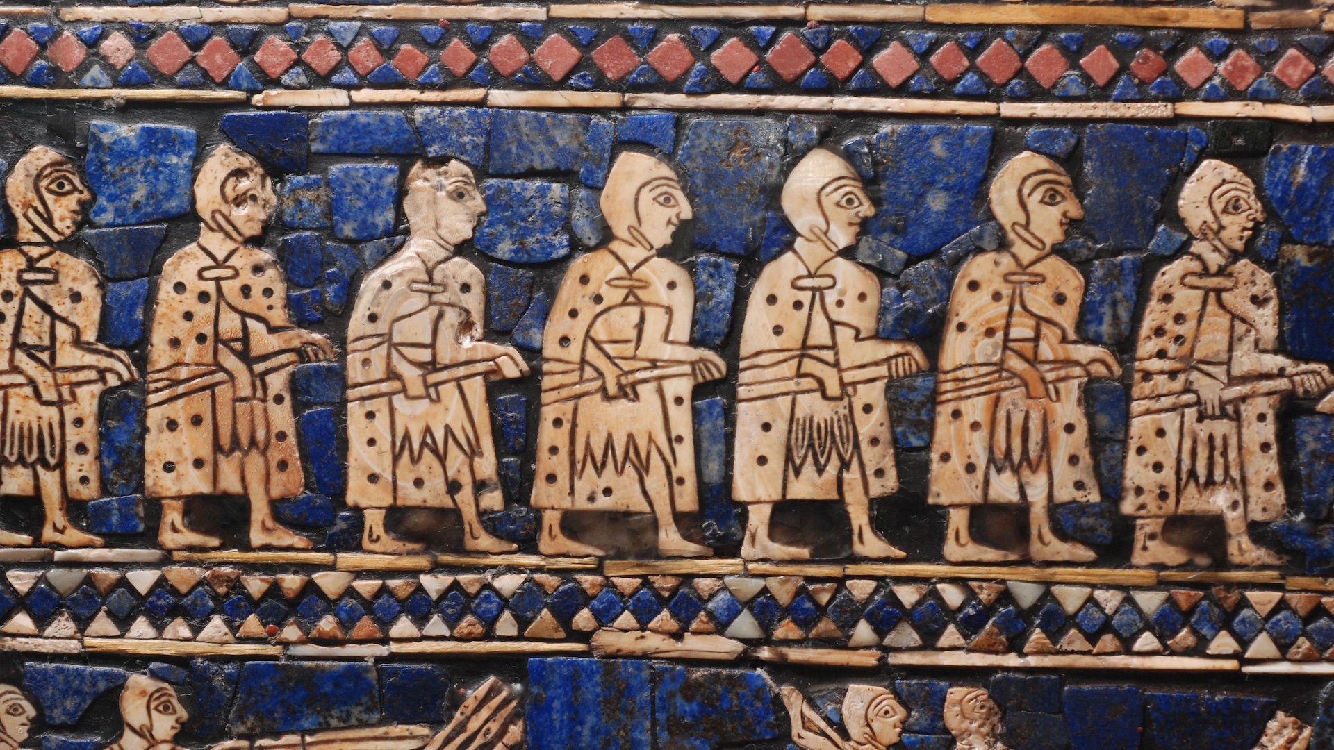 A tile mosaic with a blue background and light-colored men in a line with geometric decorations