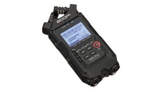 Zoom H4n Pro review: the digital voice recorder photographed at an angle to show the digital display and control buttons