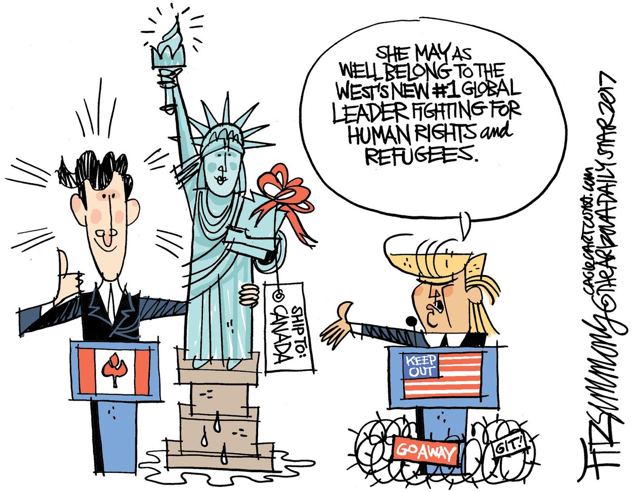 Political Cartoon U.S. Donald Trump Justin Trudeau Canada human rights refugees Statue of Liberty