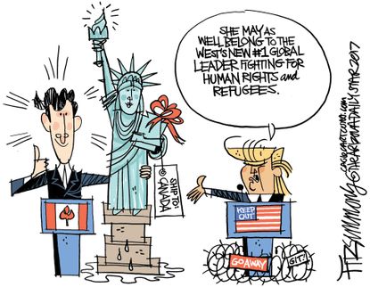 Political Cartoon U.S. Donald Trump Justin Trudeau Canada human rights refugees Statue of Liberty