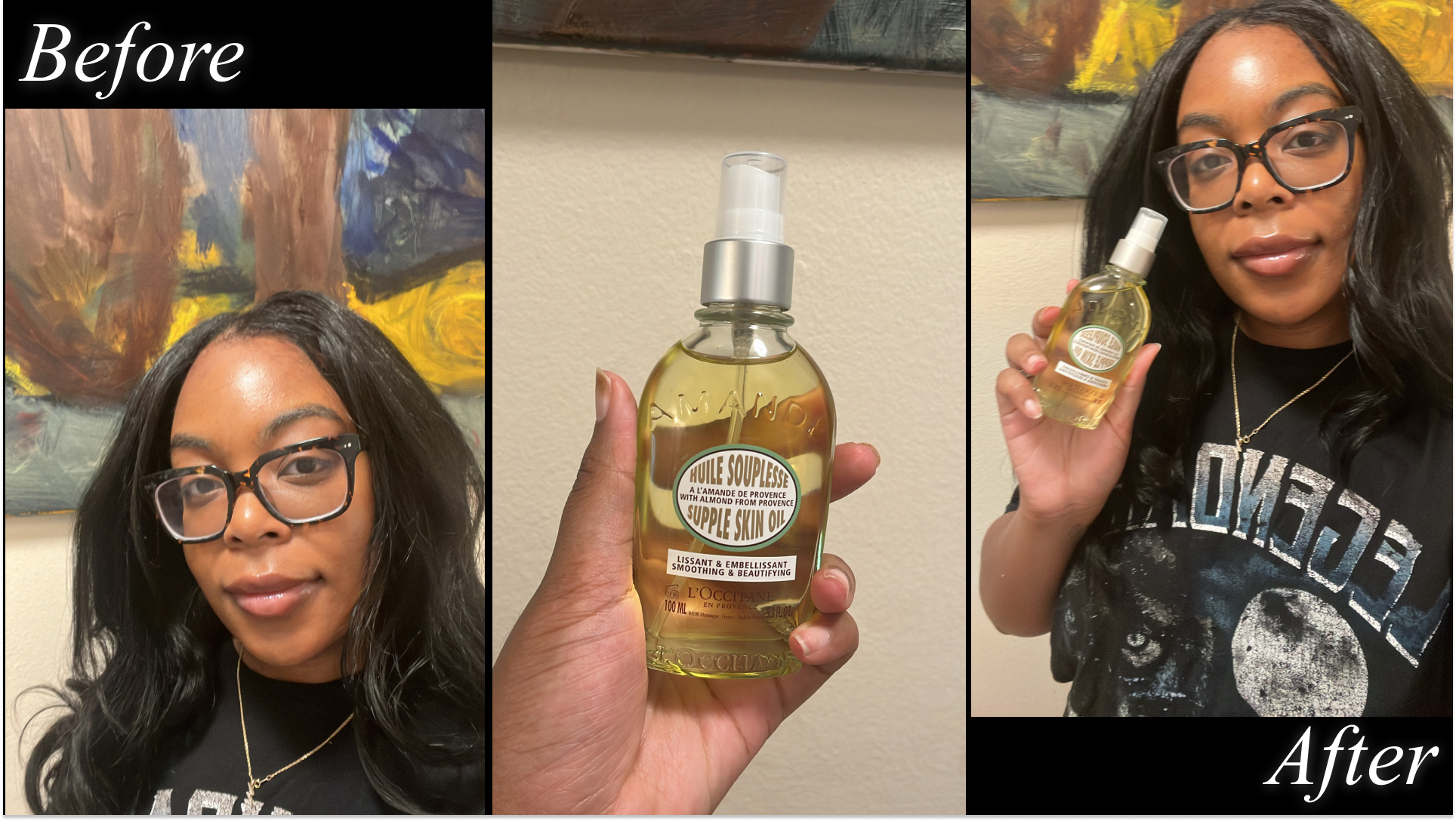 Ariel Baker testing the L’Occitaine Almond Smoothing and Beautifying Supple Skin Oil.