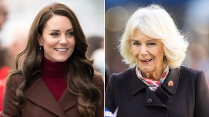 Composite of the Princess of Wales in Falmouth in 2023 and Queen Camilla in Bath in 2024