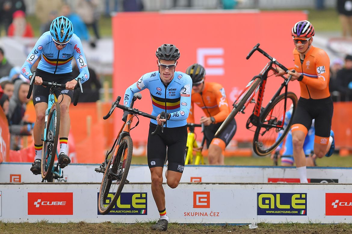 Riders handling barriers at the European Cyclo-cross Championships