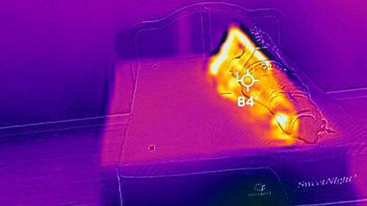 A thermal imaging camera displaying the temperature of the SweetNight CoolNest Mattress's hotspot during the Maximum Temperature Increase (MTI)