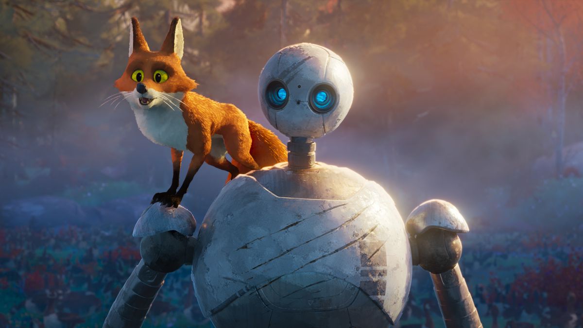 Fink the fox (voiced by Pedro Pascal) and Roz the robot (Lupita Nyong&#039;o) in &quot;The Wild Robot&quot;.