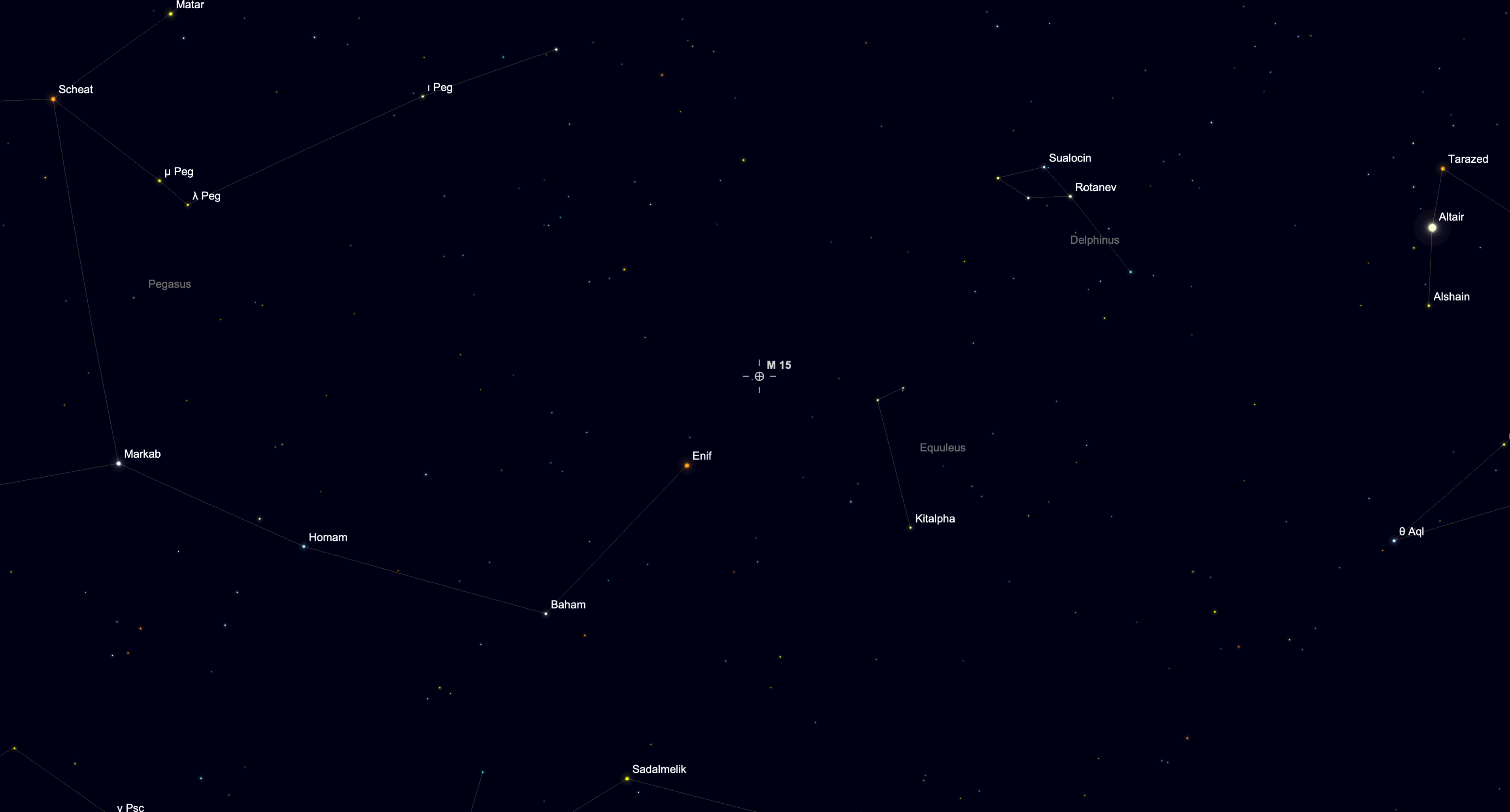 Star chart showing the location of the Great Pegasus Cluster (M15) near Enif in the constellation Pegasus on Sept. 16, 2026.