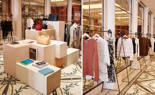 Left, a woman's clothing store with items displayed on stepped blocks and clothing rails. Right, a woman's clothing store with items displayed on clothing rails on a floral patterned floor.