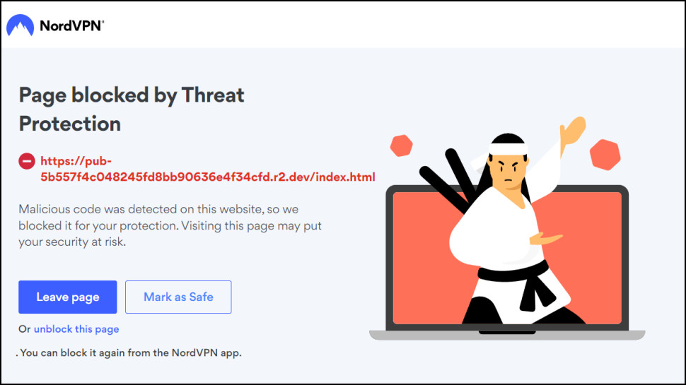 Captura de pantalla de la alerta de código malicioso de NordVPN Threat Protection Pro