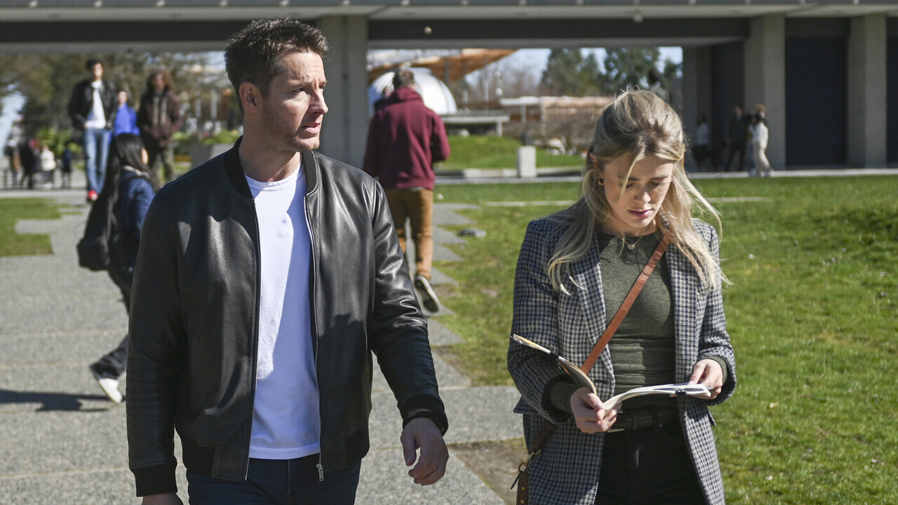 Justin Hartley and Melissa Roxburgh walking together as Colter and Dory in Tracker Season 1x11