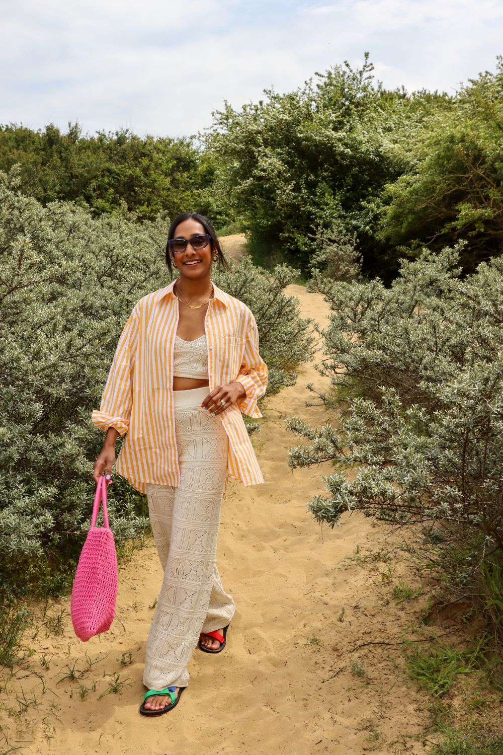 Zeena Shah wears Amazon Fashion crochet co-ord and stripe shirt