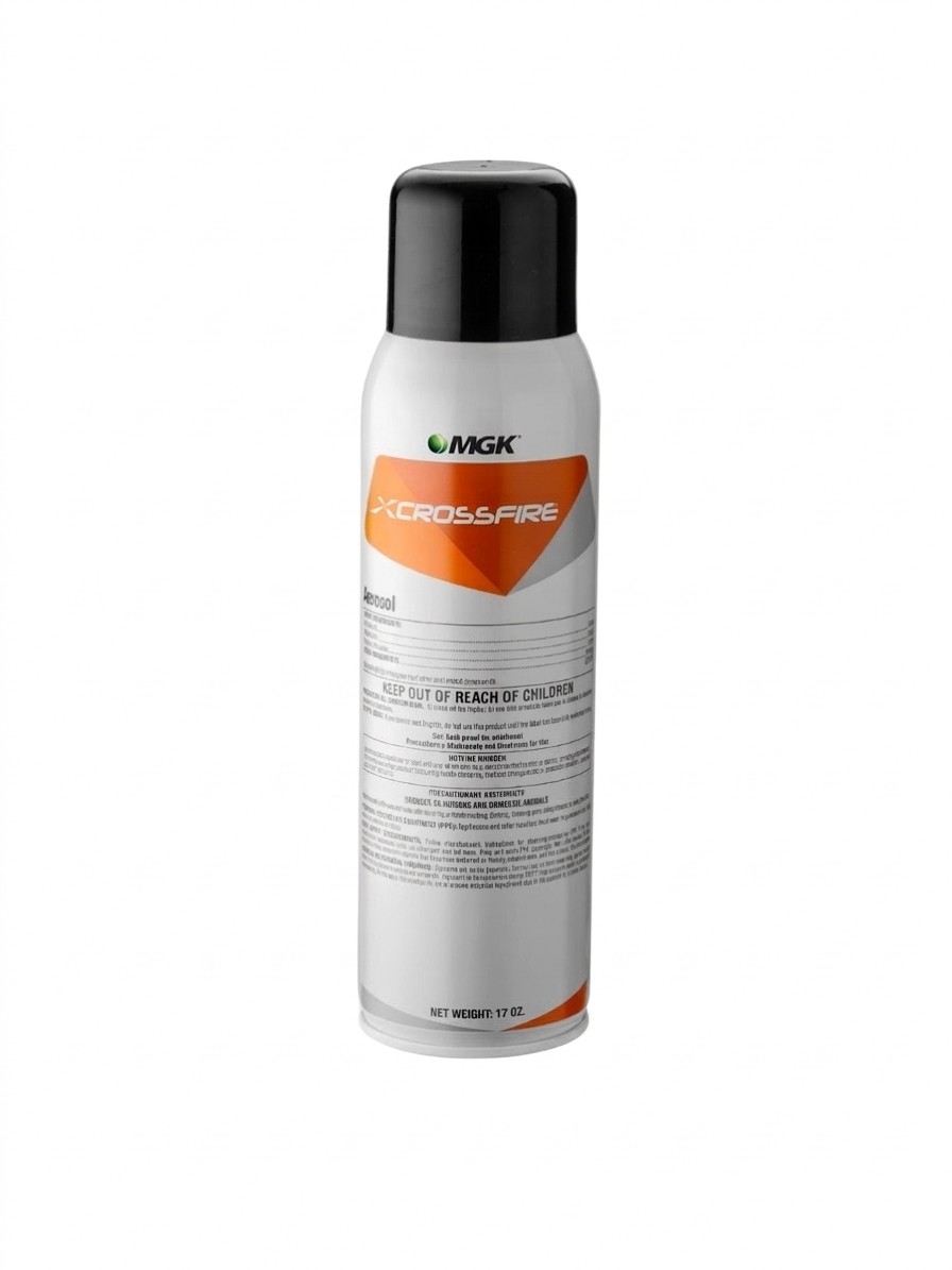 A bottle of MGK Crossfire Bed Bug killer against a white background