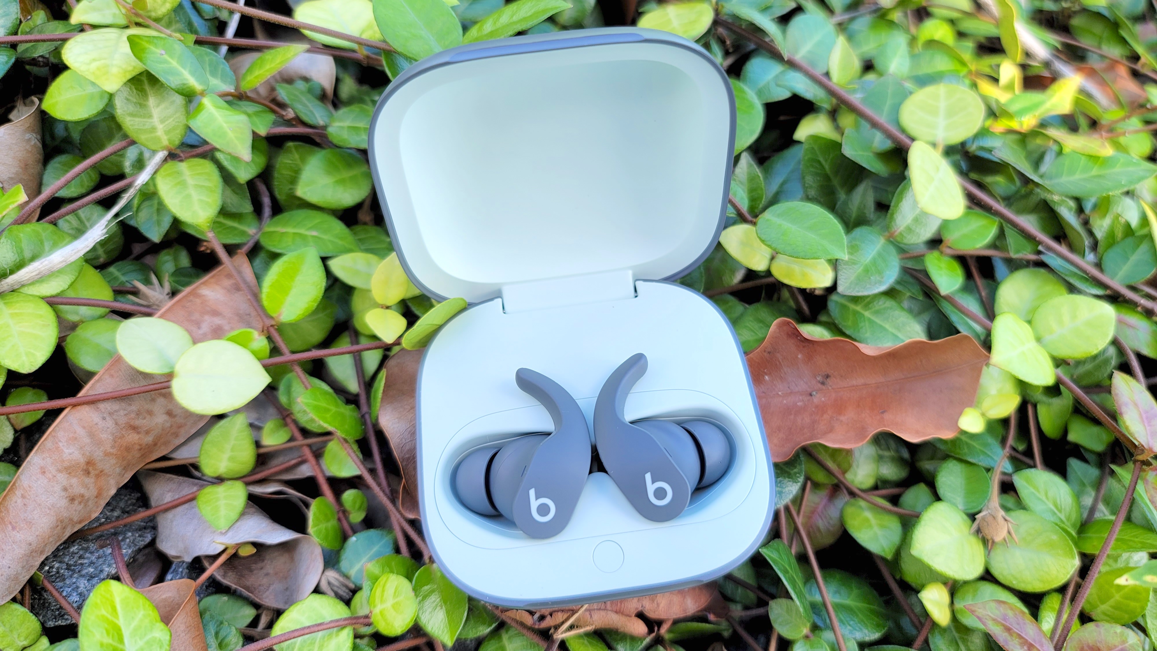 The Beats Fit Pro on a bed of leaves