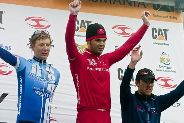 Stage two podium (L-R): Chris Jory (Shortis.com.au), Rhys Pollock (Drapac Porsche) and Cameron Peterson (Virgin Blue/RBS Morgans).