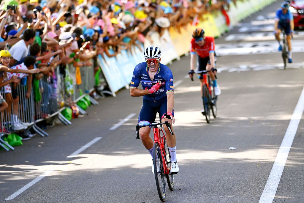 SAINTETIENNE FRANCE JULY 15 Mads Pedersen of Denmark and Team Trek Segafredo celebrates at finish line as stage winner during the 109th Tour de France 2022 Stage 13 a 1926km stage from Le Bourg dOisans to SaintEtienne 488m TDF2022 WorldTour on July 15 2022 in SaintEtienne France Photo by Tim de WaeleGetty Images