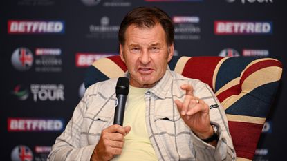Sir Nick Faldo talks to the media before the 2023 Betfred British Masters at The Belfry