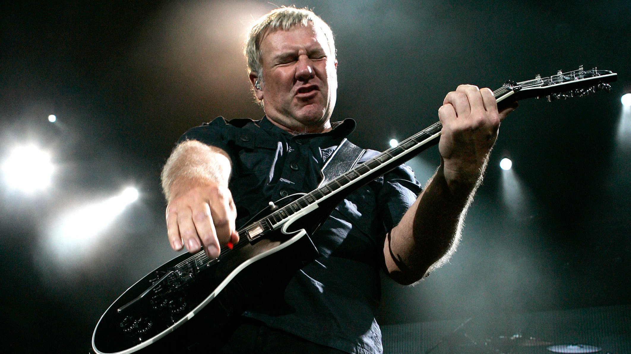Alex Lifeson with Rush performs in concert at the Sound Advice Amphitheatre in West Palm Beach Florida on June 15, 2007.
