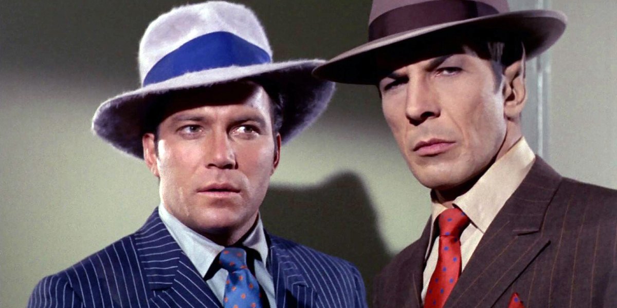 William Shatner and Leonard Nimoy dressed as gangsters in Star Trek.