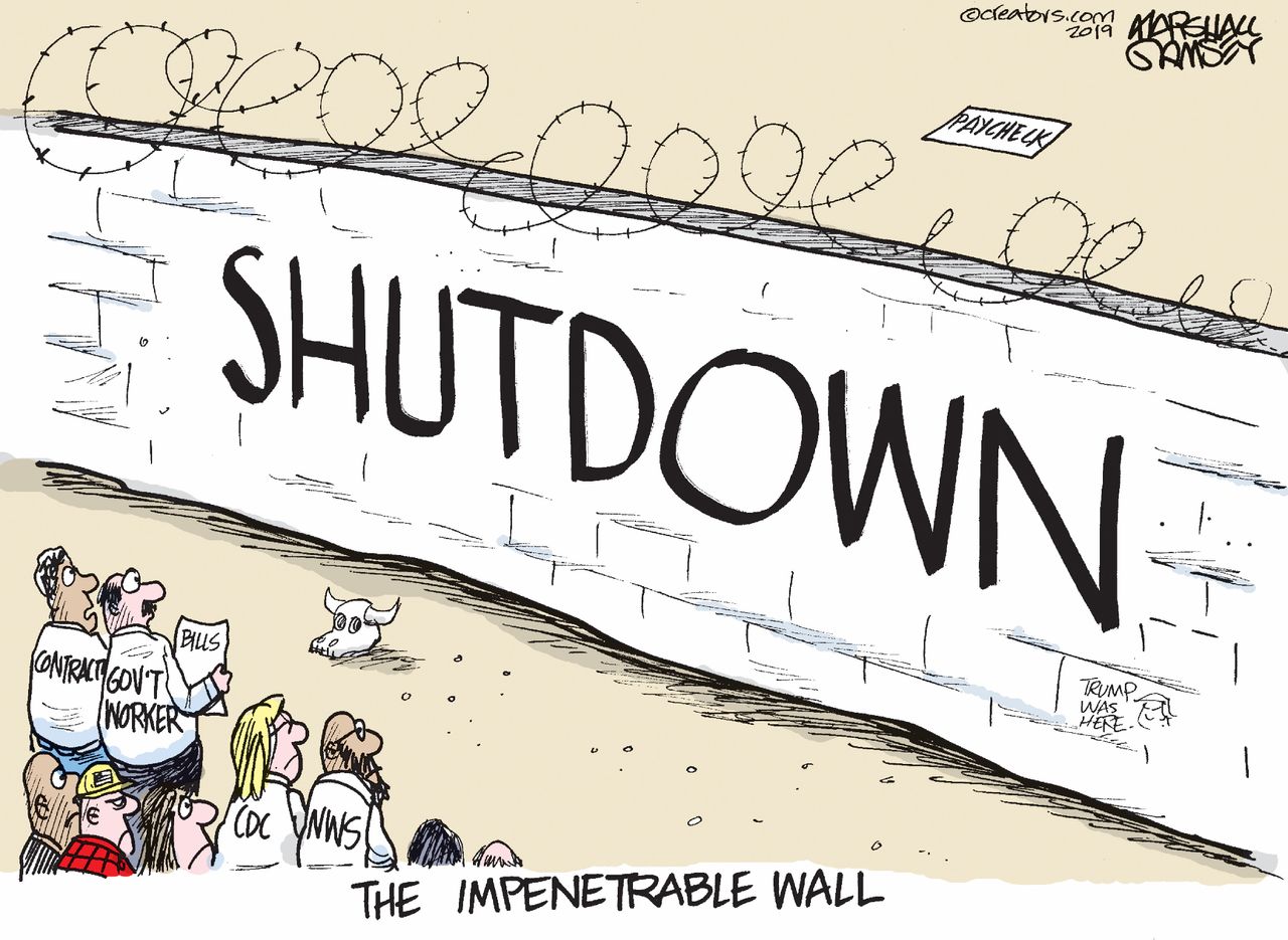 Political cartoon U.S. wall Trump government shutdown