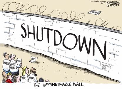 Political cartoon U.S. wall Trump government shutdown