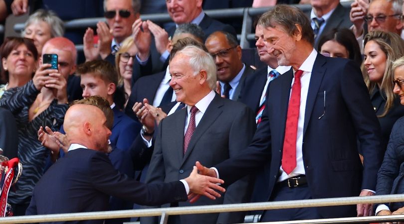 Manchester United manager Erik ten Hag shakes the hand of the club&#039;s minority owner Sir Jim Ratcliffe after victory in the FA Cup final against Manchester City at Wembley in May 2024.