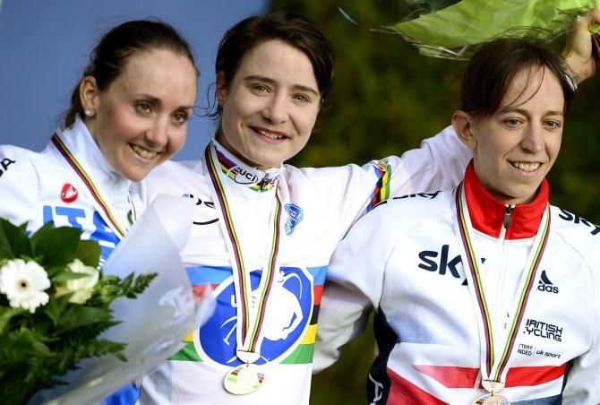 Eva Lechner, Marianne Vos and Helen Wyman made up the Worlds elite women's podium