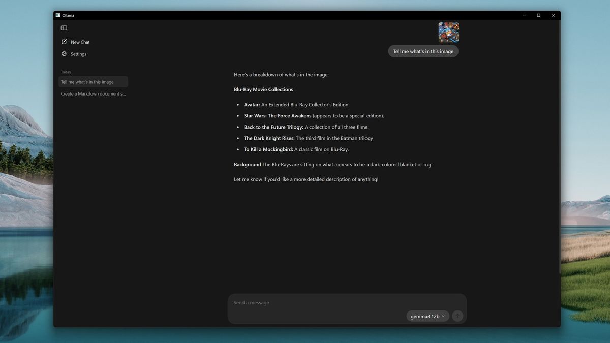 Using the Ollama app on Windows 11 to interpret different types of files.
