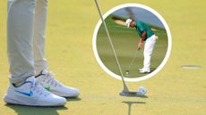 Tommy Fleetwood's putter behind his ball after hitting a short putt, with an inset image of Hideki Matsuyama hitting a short putt into the hole