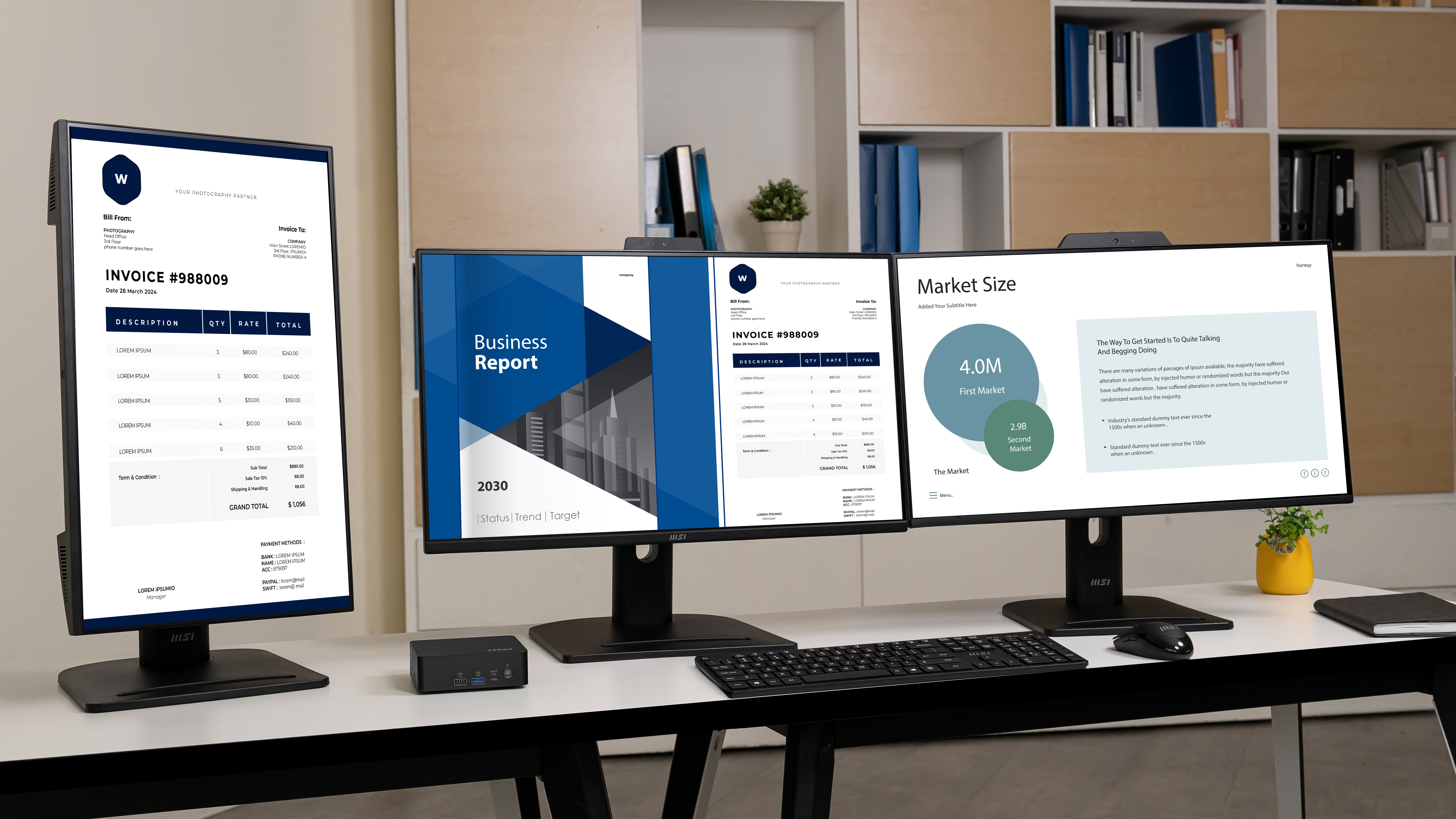 The MSI Cubi NUC AI+ 3MG powering a three monitor setup.