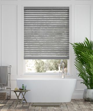 Grey faux wood blinds by Blinds2Go