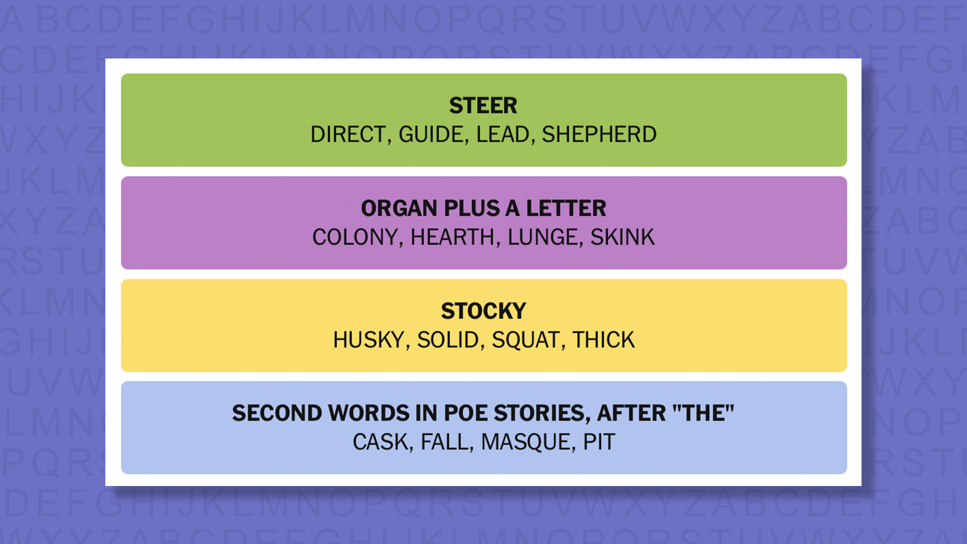 NYT Connections answers for game 892 on a purple background