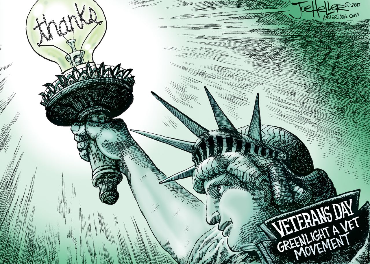 Political cartoon U.S. Veteran&amp;#039;s Day thanks Lady Liberty