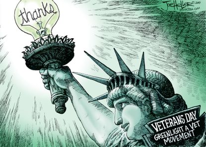 Political cartoon U.S. Veteran's Day thanks Lady Liberty