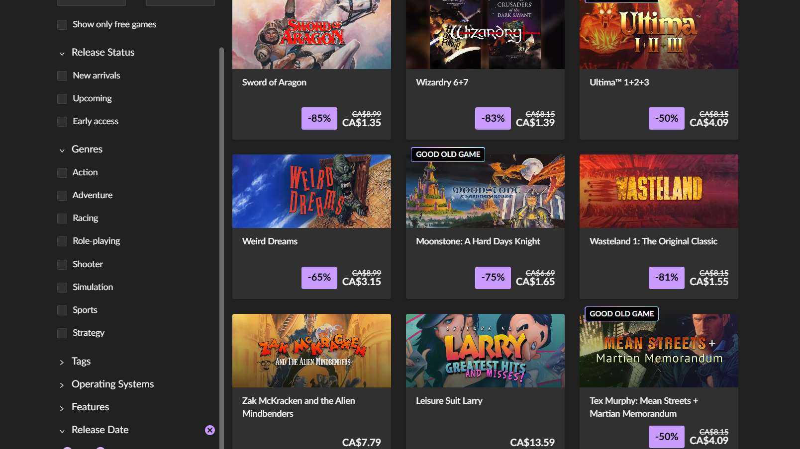 A screenshot of the GOG.com games page showing titles from the '80s and '90s.