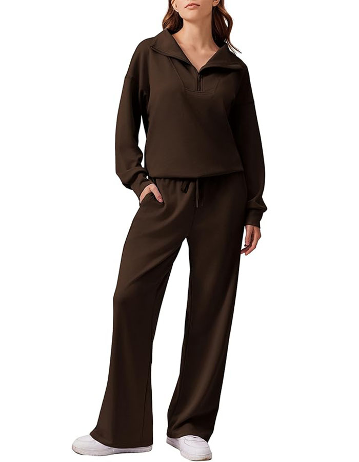 Pinspark 2 Piece Sweatsuits for Women Half Zip Sweatshirts Wide Leg Sweatpants Tracksuit Sets 2025 Airport Outfits, Coffee S