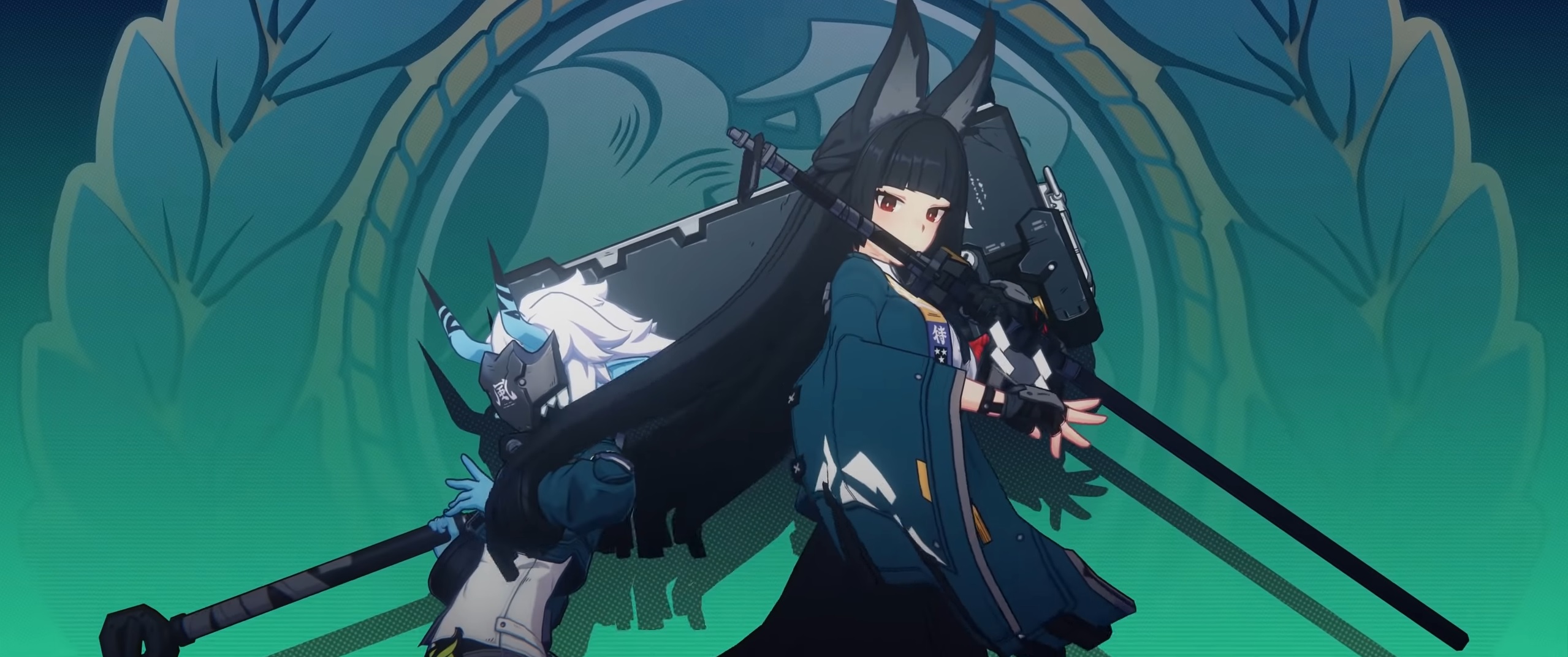 Zenless Zone Zero - A girl with red eyes and cat ears and a katana stands beside a masked blue demon with horns holding a large flat axe.